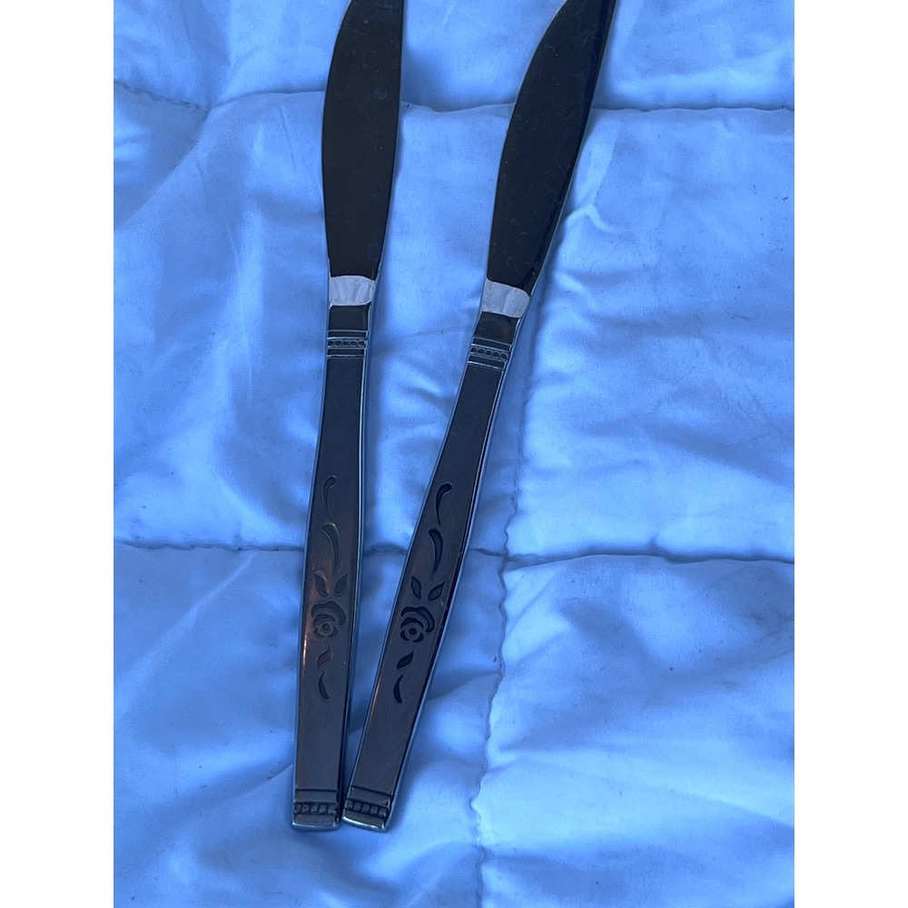 Vintage Rose Floral Stainless Steel Dinner Knives Set of 2 8.5" Silver